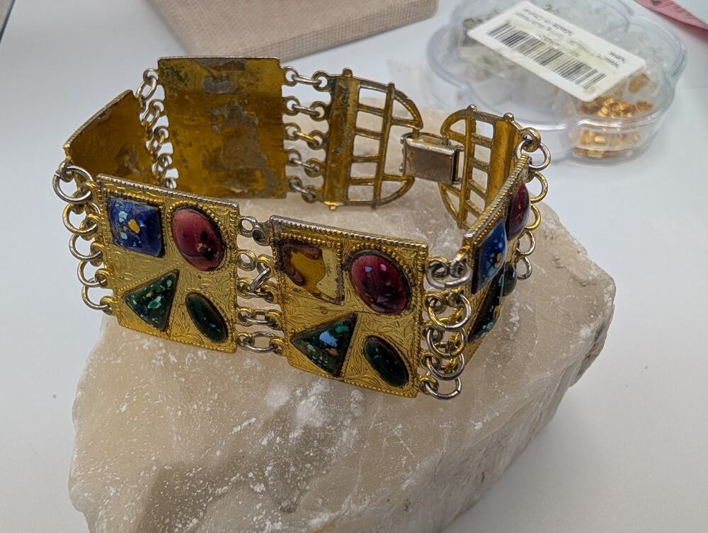 Vintage Gold Tone Panel Bracelet Multi-Color Enamel Art Glass Inlay Box Clasp